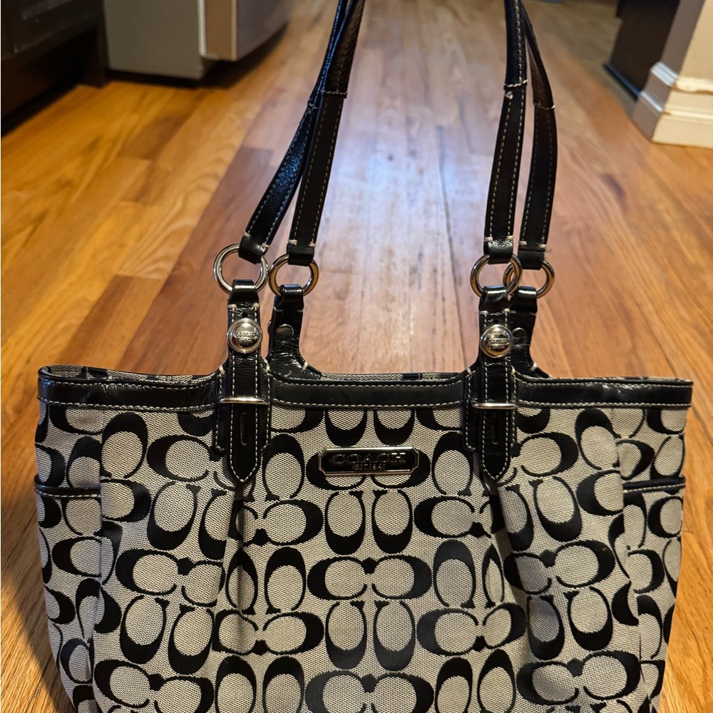 Coach Black and Gray Shoulder Bag with Signature Monogram